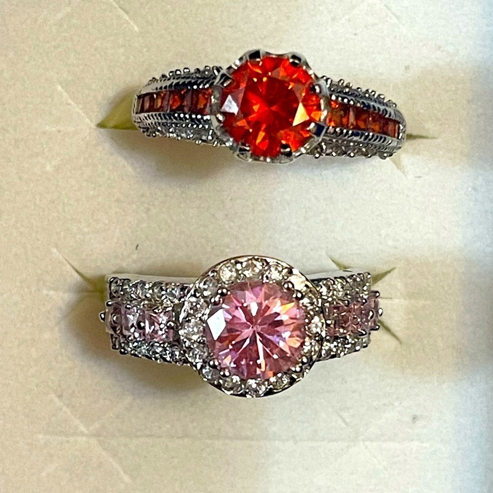 2-Piece  Ring Set Jewelry Sterling Silver Rhinestone Size 9.75 -10 Red Pink